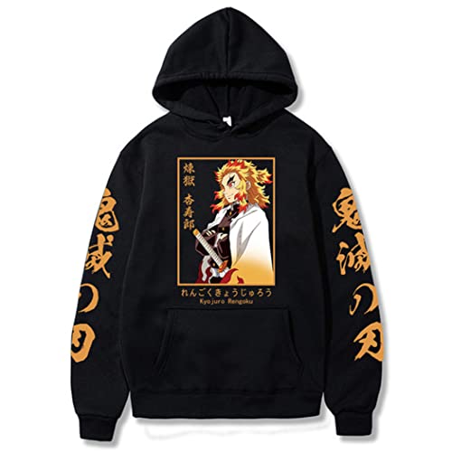EDMKO Unisex Demon Slayer Hooded Kapuzenpullover Rengoku Kyoujurou Pullover Hoodie Herren Damen Anime Cartoons Drucken Sweatshirt Kordelzug Sportswear,Schwarz,3XL Cover