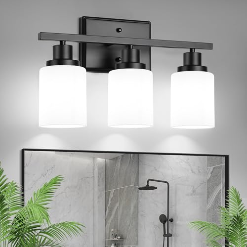 Image of Ascher Bathroom Light Fixtures, 3-Light Vanity Light Over Mirror, Modern Matte Black Wall Sconces with Milky White Shades, Wall Lamp for Kitchen Hallway Cabinet Porch E26 Base