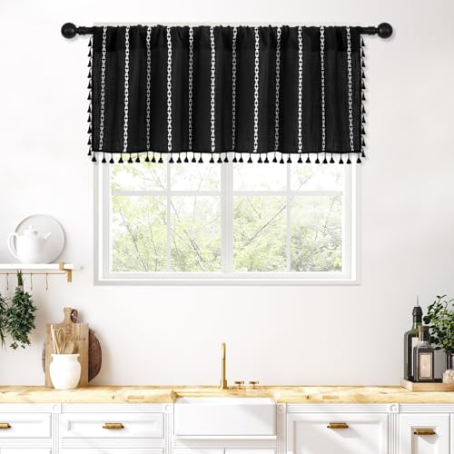 MitoVilla Black White Kitchen Valances for Windows Boho Farmhouse Valance Curtains for Living Room/Bedroom French Country Cotton Linen Fabric Topper Window Curtain with Tassel 52W x 18L