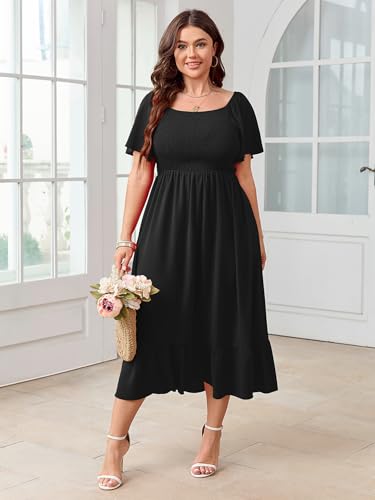 Image of SCOMCHIC Women's Plus Size Summer Dress Casual Short Sleeve Scoop Neck Maxi Dress Smocked Ruffle Boho Flowy Long Dresses