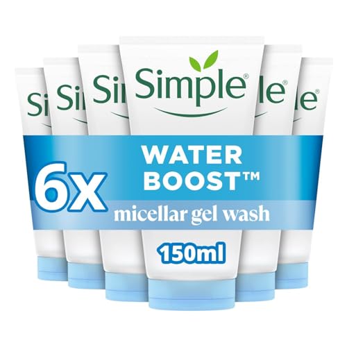Simple Water Boost Micellar Gel Face Wash - 100% Soap-Free Face Cleanser, deeply hydrates dry & sensitive skin for a revitalised & dewy complexion 6x 150 ml
