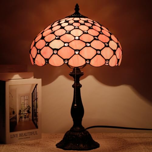 Image of 12 Inch Tiffany Stained Glass Lamp Shade Replacement Only(Pink) | Stained Glass Style Lampshade with Cap fit for Table lamp Pendant Light Ceiling Fixture