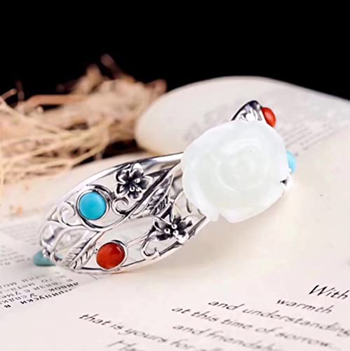 TTDGYYXW Pulseras de Plata S925 para Mujer, Pulsera Natural Tallada en Rosa de Jade hetiano, joyería Vintage para Mujer, Pulsera Abierta con Incrustaciones de ágata Turquesa, Brazalete Hueco con Caja