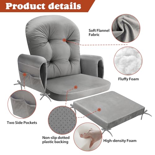 JZHLLA Glider Rocker Replacement Cushion Set with Storage Pockets Soft Flannel Fabric & High-Resilience Foam Non-Slip Back Rocking Chair Cushion for Living Room Rocking Chair(Grey) - Thumbnail 4