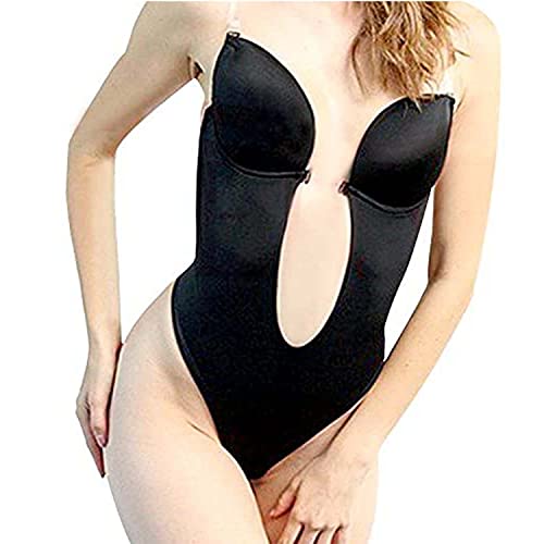 Defitshape Women's Backless Bodysuits U Plunge Seamless Thong Full Bodysuits Black 38 fit 38C/38D/40B/40D
