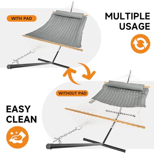 Image of Everyfun 2 Person Outdoor Hammock with Stand, Cotton Rope Hammock with Polyester Pad, Adjustable Steel Frame, Portable with Carrying Bag - for Patio, Backyard, Garden, Beach,Dark-Gray
