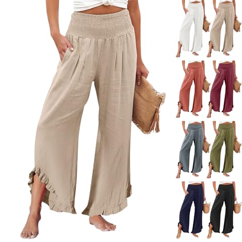 Linen Pants Women Beach Flowy High Waisted Wide Leg Lounge Pants Smocked Elastic Waist Ruffle Hem Cropped Pants with Pockets Cotton Comfortable Cover Up Pull On Pants Vacation Clothing