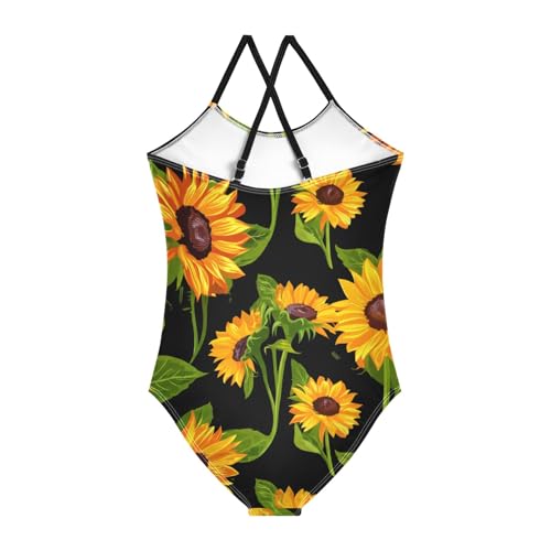 CHIFIGNO Sunflowers Black Swimsuits for Girls One Piece, Quick Dry Crossback Kid Swimsuit for Beach 3T2