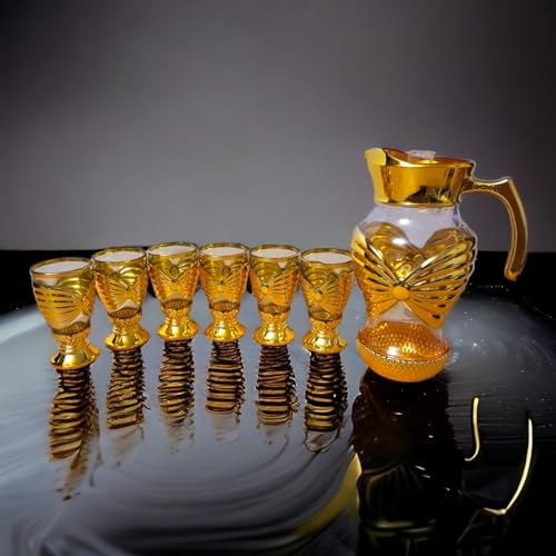 Image of Crystal Golden Water and Juice Glasses Set of 6 and Jug 1 piece Transparent, Glass and Jug Set for Dining Table,Party,Gift Set,All pourpse use Set of 1 (7 piece) (MT-5)