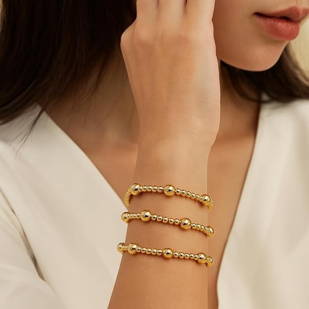 Gold Bracelet Stack for Women, Adjustable Stretch Non Tarnish Waterproof Jewelry Stackable Gold Beads Bracelets for Women Trendy Friendship Gift - Image 2