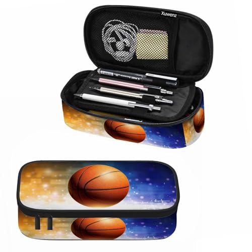 Image of Basketball Pencil Case Organizer Glittering Light Magic Sports Orange Blue Stationery Box Makeup Box School Supply for Boy Girl Men Women