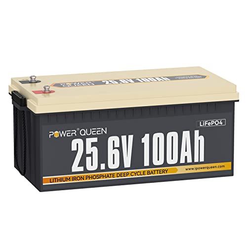 Power Queen Batería Litio 24V 100Ah 2.56kWh Batería LiFePO4 de Ciclo Profundo BMS de 100A Más de 15000 Ciclos 2,56 kW Potencia de Carga para Energía de Reserva RV Solares Marinas y Fuera de la Red