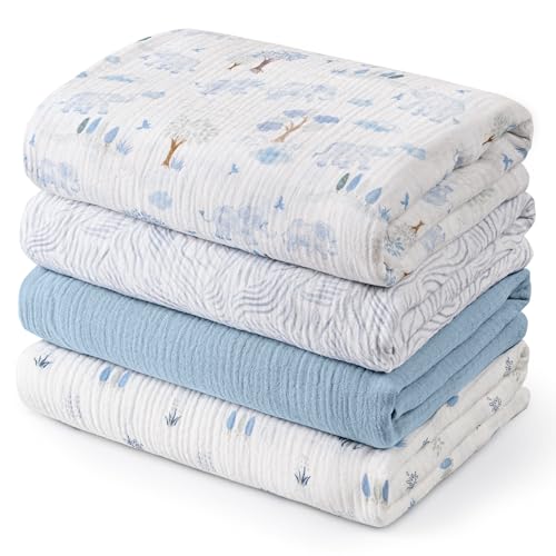 Image of GLLQUEN BABY Muslin Swaddle Blankets for Newborn Boys, Large 40''x38'' | 4Pk, 100% cotton, ultra soft and breathable, gentle on sensitive newborn skin, Multi-use as swaddle wrap, receiving blankets