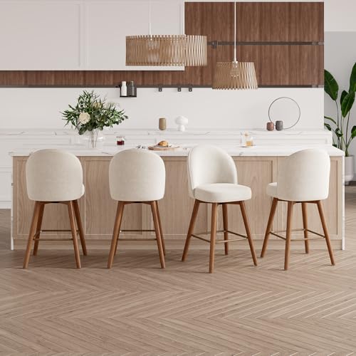 Image of Modern Swivel Bar Stools Set of 4, Chic Upholstered Counter Height(26IN) Bar Chair with Back, Solid Wood Legs and Footrest, Comfortable Chenille Bar Stool for Kitchen Island, Cream White