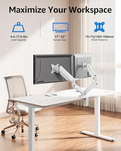 Image of MOUNTUP Dual Monitor Stand for Desk, Gas Spring Monitor Arms for 2 Monitors Max 32 Inches, Height Adjustable Double Monitor Mount, VESA Mount with C-Clamp & Grommet Base, Holds 4.4-17.6lbs, White