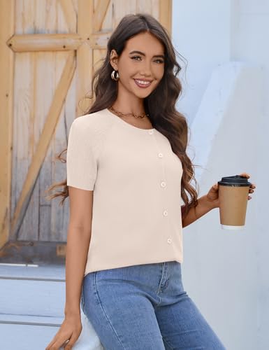 Image of FreshNight Women's 2025 Short Sleeve Cardigan Button Up Hollowed Out Crewneck Shrug Sweaters Knit Sweater Tops Lightweight