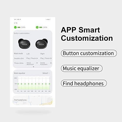Screenshot of the QCY app interface showing options for button customization, music equalizer, and finding headphones.