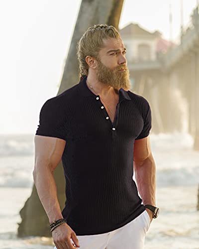 Urru Men's Muscle T Shirts Stretch Short Sleeve Workout Tee Casual Slim Fit Polo Shirt Black Xl #TOP2