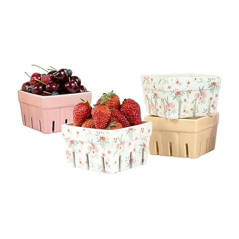 AELS Ceramic Berry Basket, Farmhouse Fruit Bowl Container for Fruit & Vegetables, Farmers Market, Pink Floral Pattern, Kitchen Decor, Stoneware Harvest Bowls, Set of 4 Cover