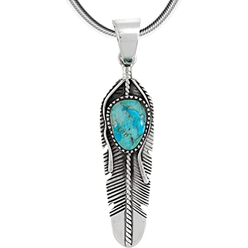 Turquoise Feather Pendant Necklace Sterling Silver 925 (Sterling Silver Pendant with 20