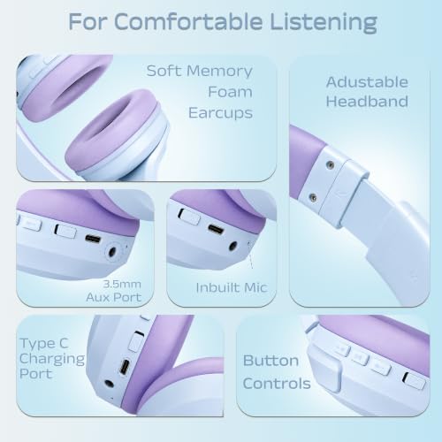 Image of PunnkFunnk BeatXtra Pro Wireless Bluetooth Headphones V5.3, Over-Ear Stereo Headset with 40mm Drivers, Noise Cancelling, Soft Cushioned Ear Cups, 10m Wireless Range, Teen & Adults (Blue)
