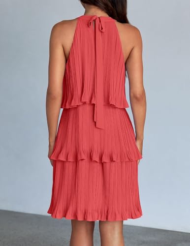 Zesica Women'S 2024 Summer Halter Dresses Sleeveless Ruffle Tiered Layered Chiffon Pleated A Line Swing Mini Dress,Coral,Small thumb #3