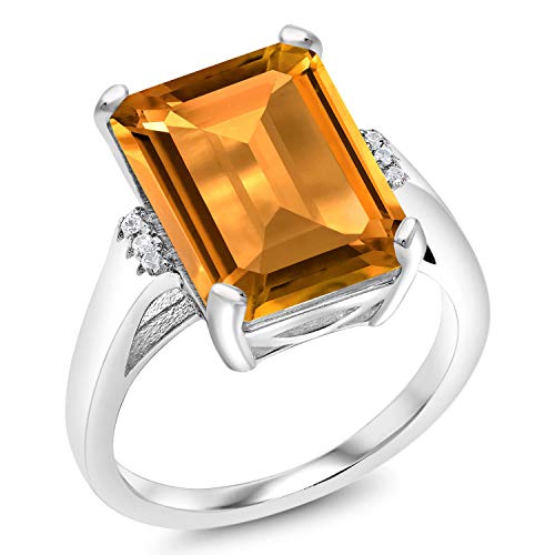 Gem Stone King 8.27 Cttw Yellow Citrine Engagement Ring For Women | 925 Sterling Silver | Emerald Cut 14X10MM | Gemstone Birthstone | Available in size 5, 6, 7, 8, 92