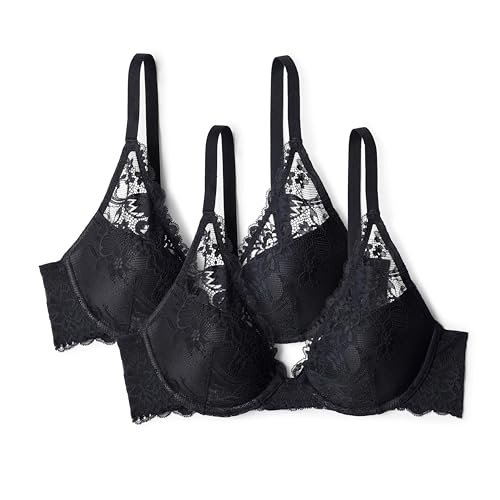 Amazon Essentials Womens Stretch Galloon Lace Lined Wired Deep Plunge Bra Black 34DD