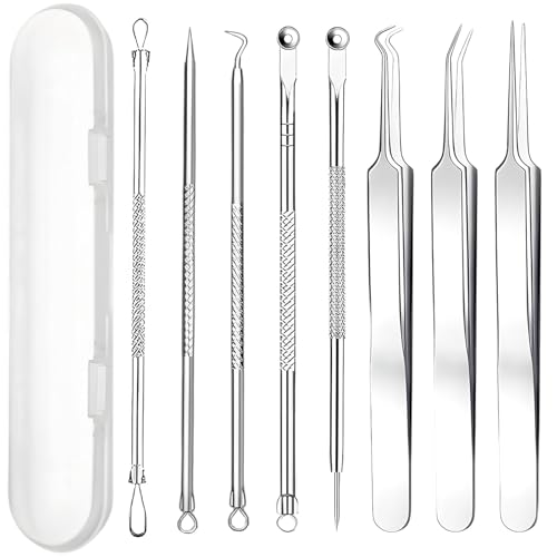 8 Pièces Extracteur Point Noir Professionnel, Tire Comedon Point Noir avec Pince et Perce Bouton - Tire Comedon Professionnel Blackhead Remover en Acier Inoxydabl