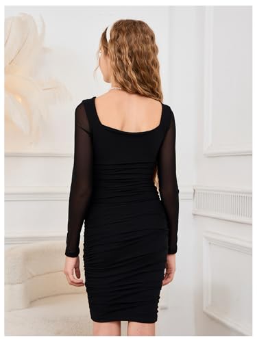 WDIRARA Girl's Square Neck Long Sleeve Ruched Bodycon Dress Casual Dresses2
