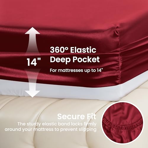 Image of Love's cabin Twin Satin Sheets Sets - 3 Piece Burgundy Silky Bed Sheets with Deep Pockets, Luxury Silk Feel Satin Twin Size Sheet Set Bedding Set (1 Flat Sheet,1 Fitted Sheet,1 Pillow case)