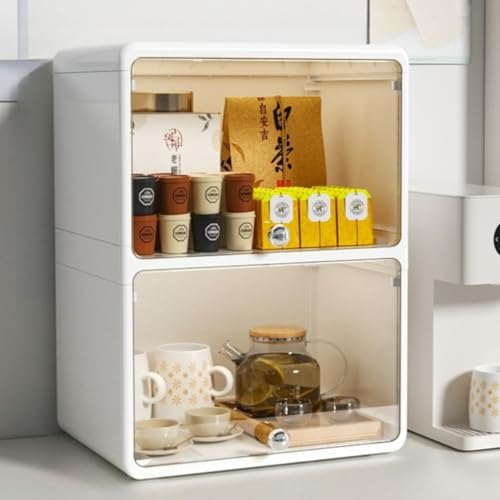 Livmorx 大容量 ミニカップボードカウンター上収納コップ 卓上食器棚 化粧品 小物 お茶碗 防塵 防湿 扉付き 多機能 卓上収納ラック 食器 引き出し 透明扉付き 簡単 コンパクト プラスチック 雑貨収納 仕切り 台所 家庭用 (33.2*24.5*