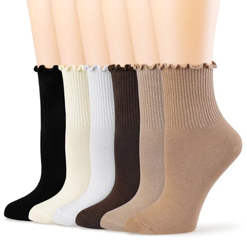 BIVOLU Womens Ankle Socks Ruffle Cotton Cute Frilly Trim Breathable Crew Ruffled Socks 6 Pack