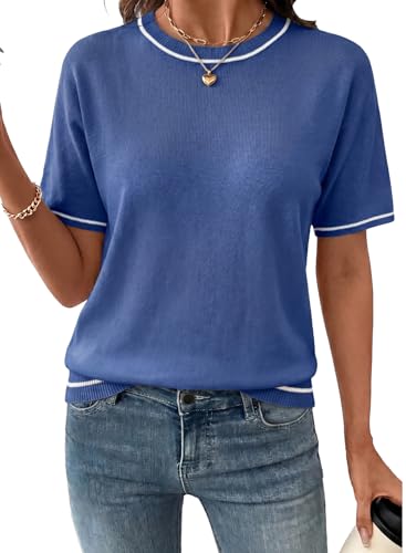 Image of SHEWIN Womens Tops Trendy Short Sleeve Shirts Crewneck Lightweight Knit Sweater Top Business Casual Outfits