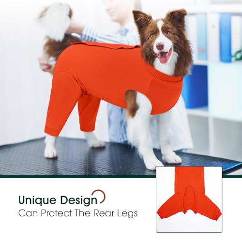 Image of Kuoser Dog Recovery Suit with Anti Licking Rear Leg Sleeve, Orange 3XL | Abdominal Dog Surgical Suit with Pants Cover Protect Wounds, Dogs Elbow Protector Soft Pet Surgery Onesie Cone Alternative
