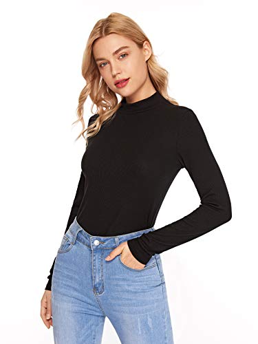 SheIn Women's Mock Neck Turtleneck Shirt Long Sleeve Ribbed Knit Slim Fit Tee Tops Black Medium