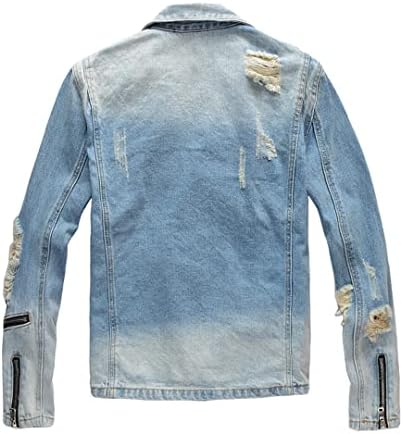 Men's Pieced Biker Vintage Style Destroyed Zip Denim Jacket, 404