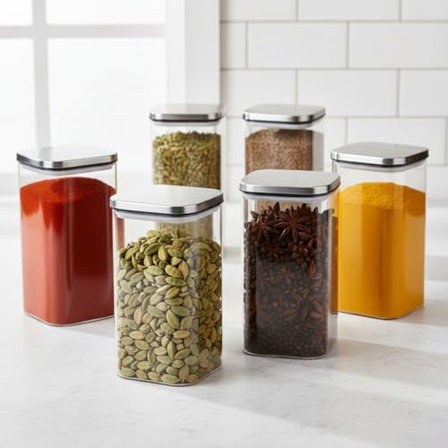 Image of ginoya brothers Airtight Borosilicate Glass Square Jar With Wooden Or Steel Lid Multi-Size, Container for Spices, Coffee, Grains, Snacks & Kitchen Organization (4, STEEL LID, 420 ML)