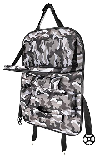 Heavy Duty Car Seat Organizer With Foldable Table Tray, Tablet Holder, 9 Storage Pockets, Car Seat Back Protectors, Car Seat Travel Organizer (Gray Camo -Canvas), XL