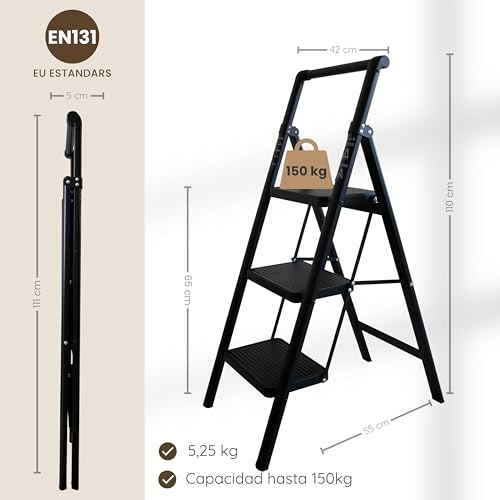 Miniatura 2 de Uaba Escalera Plegable 3 Peldaños Negra, Liviana Y Compacta, Peldaños Anchos Antideslizantes, Norma En 131