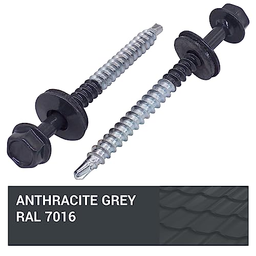 SKIR’CO (50 Stück) lackierte Dachschrauben 4,8 x 60 mm, Sechskantkopf, selbstbohrende Schrauben mit EPDM-Unterlegscheiben (Anthrazitgrau, RAL 7016)