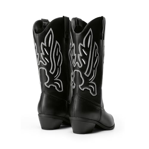 DREAM PAIRS Women's Cowboy Boots Mid Calf Cowgirl Boots Embroidery Stitched Western Boots,Size 7.5,Black-Pu,DWUMMB2419