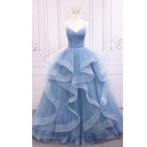 Women Spaghetti Straps Ball Gowns Tulle Long Prom Dresses Glitter Puffy Tiered Formal Evening Party Dress4