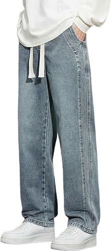 Men's Denim Pants Loose Fit Jeans Drawstring Elastic Waist Baggy Trousers Straight Wide Leg Denim Jeans Pants