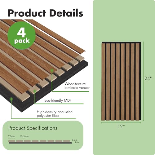 Image of Art3d 12 inch x 24 inch Acoustic Wood Slat Wall Panel, 4pcs, 8 sq.ft, Deep Walnut