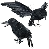 DECEED 2 PCS Extra Large Halloween Black Crows, 12 inches&11 inches Realistic Feathered Ravens Prop for Indoor&Outdoor Foam for Halloween Decoration Supplies（Spread Wings 1PCS& Open Mouth 1PCS）