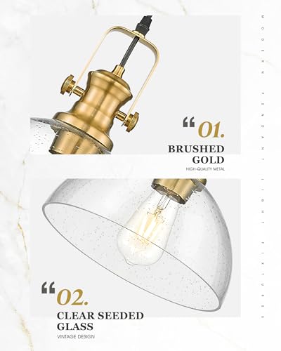 Image of 10.5 inch Gold Pendant Lights Kitchen Island, Seeded Glass Shade | Farmhouse Vintage Hanging Light for Dining Room, Clear Seeded Glass Shade, Adjustable Height, E26 Base, AD-22151-1PL-GD