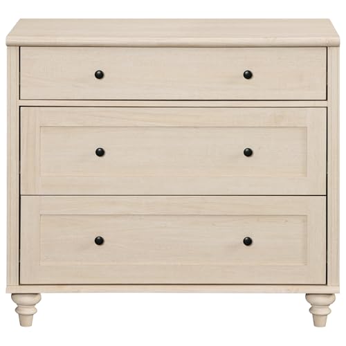 Image of WAMPAT Baby Dresser with 3 Drawers, Kids Dressers with Wide Chest of Drawers, Mid Century Modern Wooden Closet Storage Organizer, Small Dressers for Bedroom, Nursery, Hallway, Beige, 34 inch