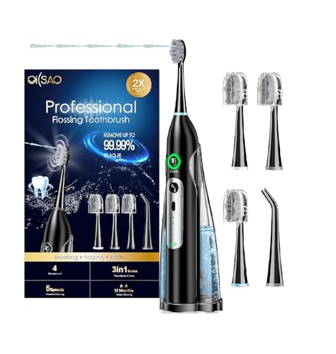 OILSAO Electric Toothbrush with Water Flosser, All in One Sonic Flossing Toothbrush with 3 Modes & 5 Flossing Speeds & 3 Brush Heads+ 1 Nozzle, Rechargeable & Portable for Adult Teeth Cleaning,Black