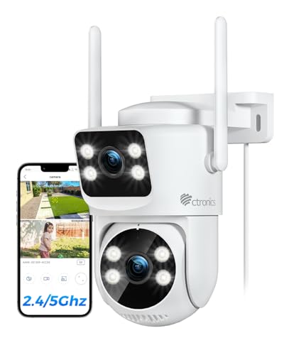 Ctronics Caméra Surveillance WiFi Extérieure à Double Objectif, PTZ Caméra 2.4/5Ghz NVR, Suivi Automatique, Vision Nocturne Couleur 30M & Enregistrement 24/7, Compatible PC/Tablette/Téléphone, IP66
